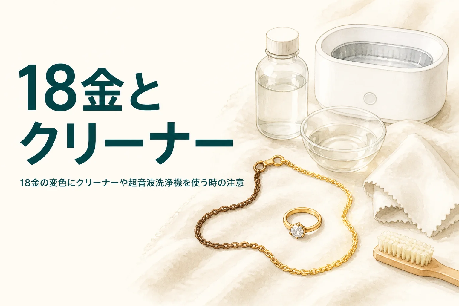 18金の変色にクリーナーや超音波洗浄機を使う時の注意を紹介する記事のアイキャッチ