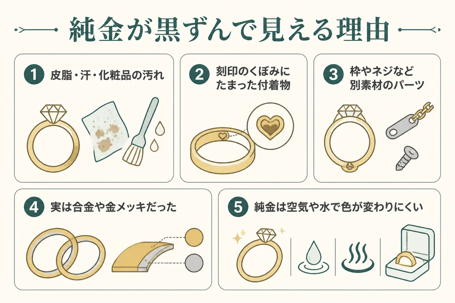 純金が黒ずんで見える主な理由の図解