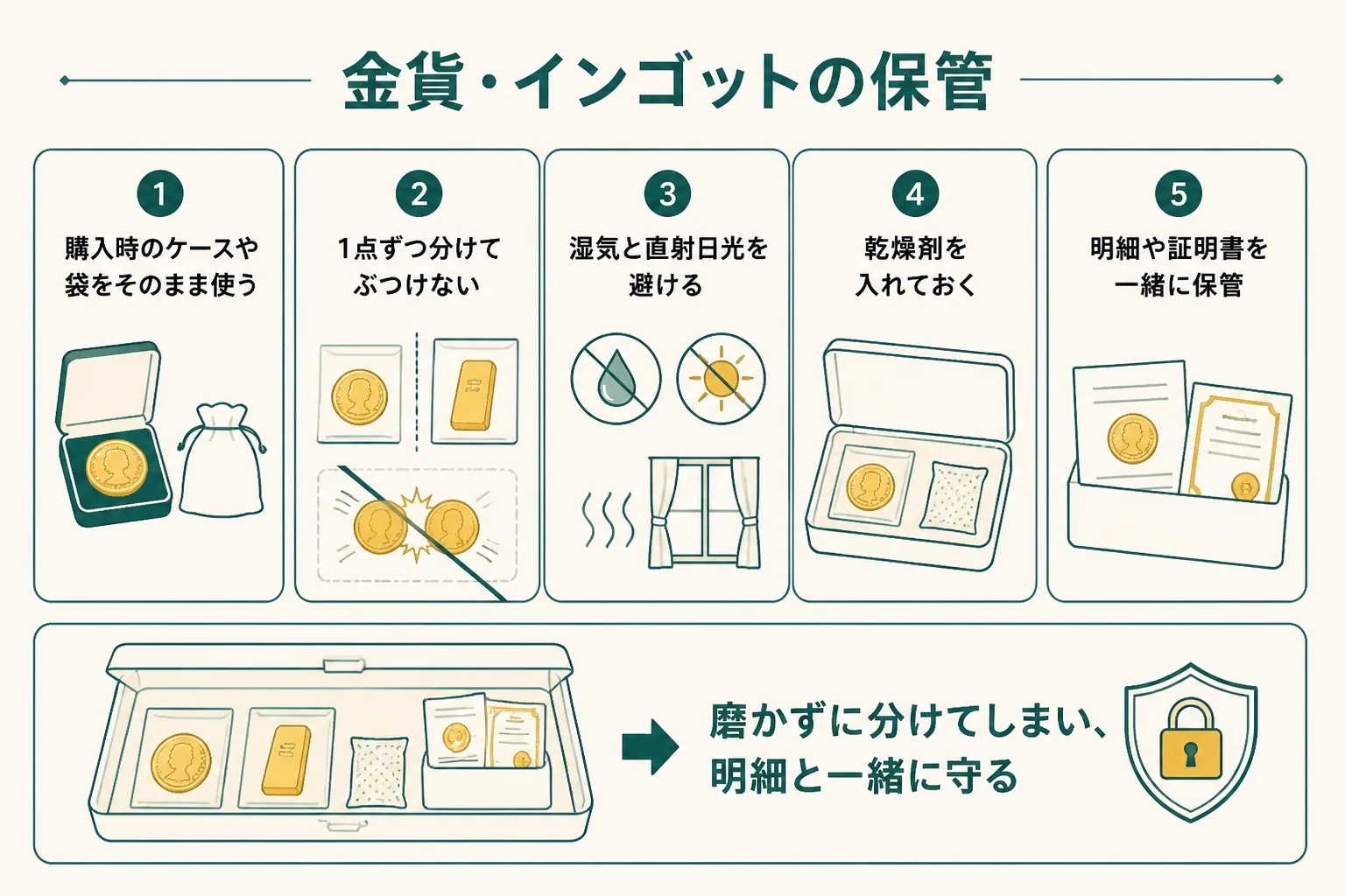 金貨・インゴットを磨かずに守る保管の手順の図解