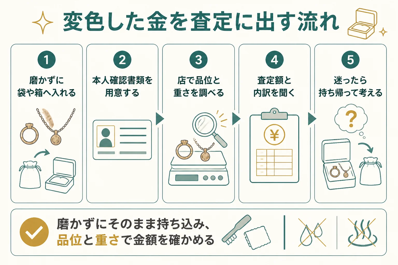 変色した金を磨かずに査定へ出すまでの流れの図解