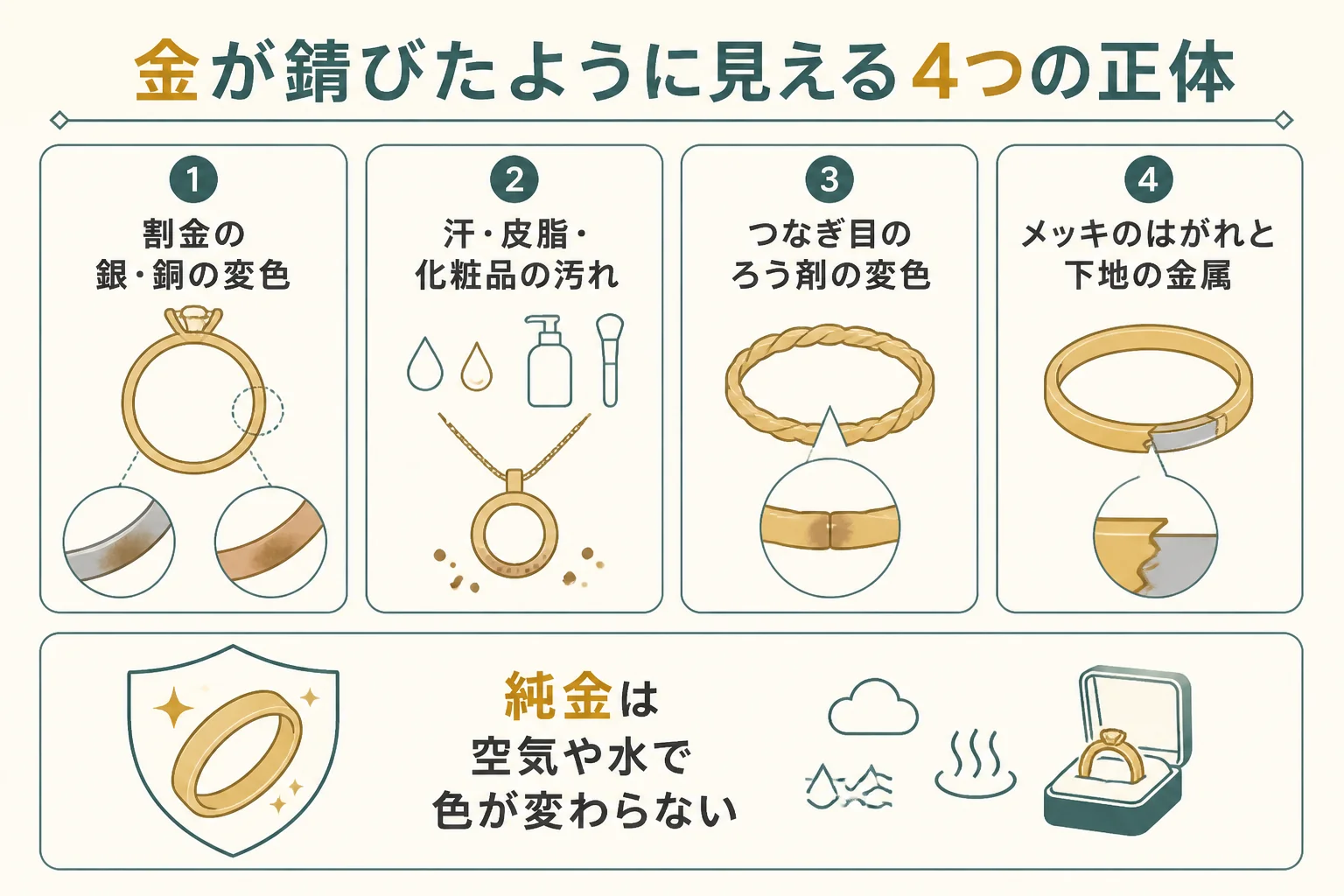 金が錆びたように見える原因をまとめた図解