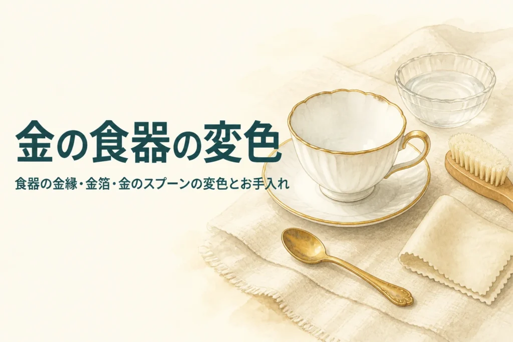 食器の金縁や金箔、金のスプーンの変色とお手入れを紹介する記事のアイキャッチ