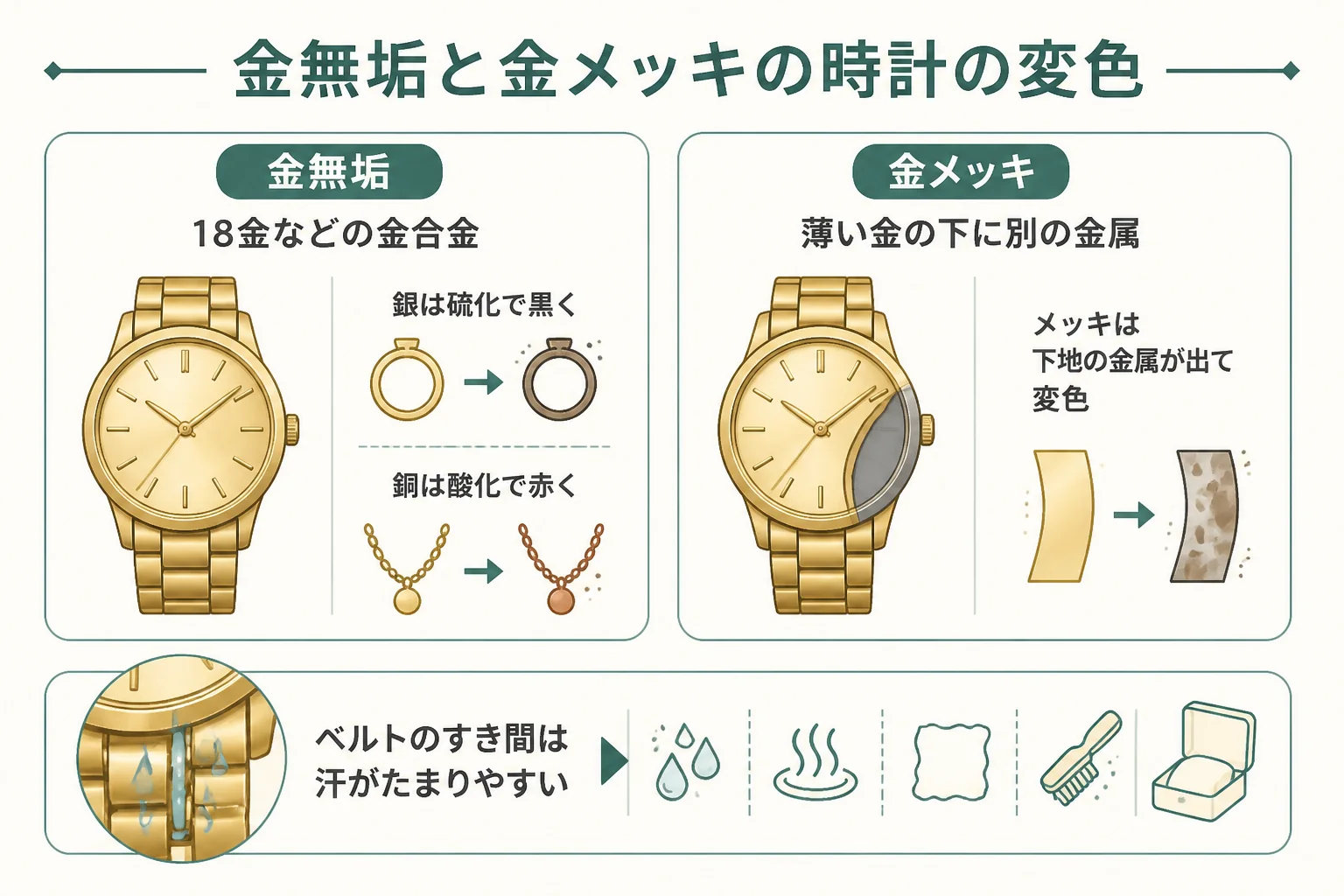 金無垢と金メッキの腕時計の変色の理由の違いの図解